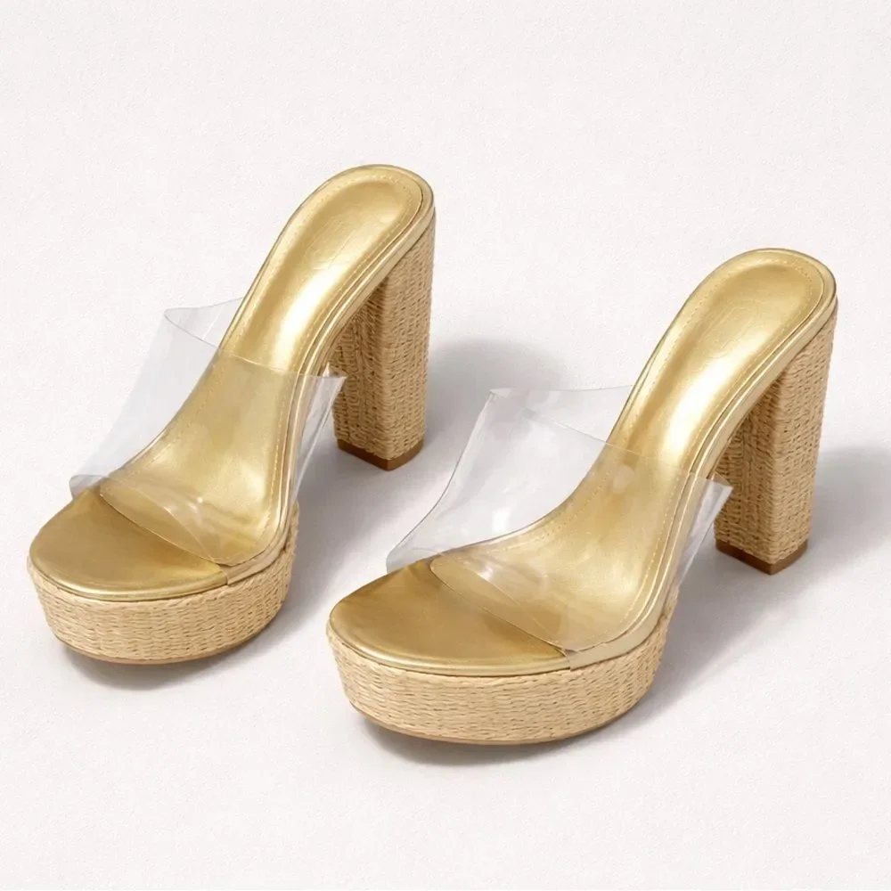 Boho Tan clear open toe platform block heel slip on sandals high heel size 11